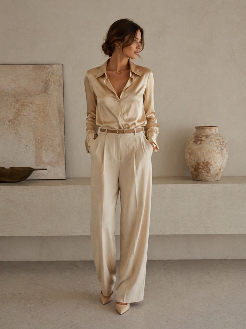 Vintage Champagne Silk Button-Up Blouse | S/M